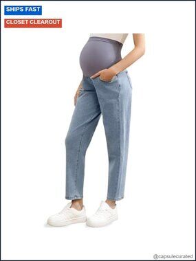 Maternity Boyfriend Jeans Over Belly Stretch Pregnancy Pants with Pockets